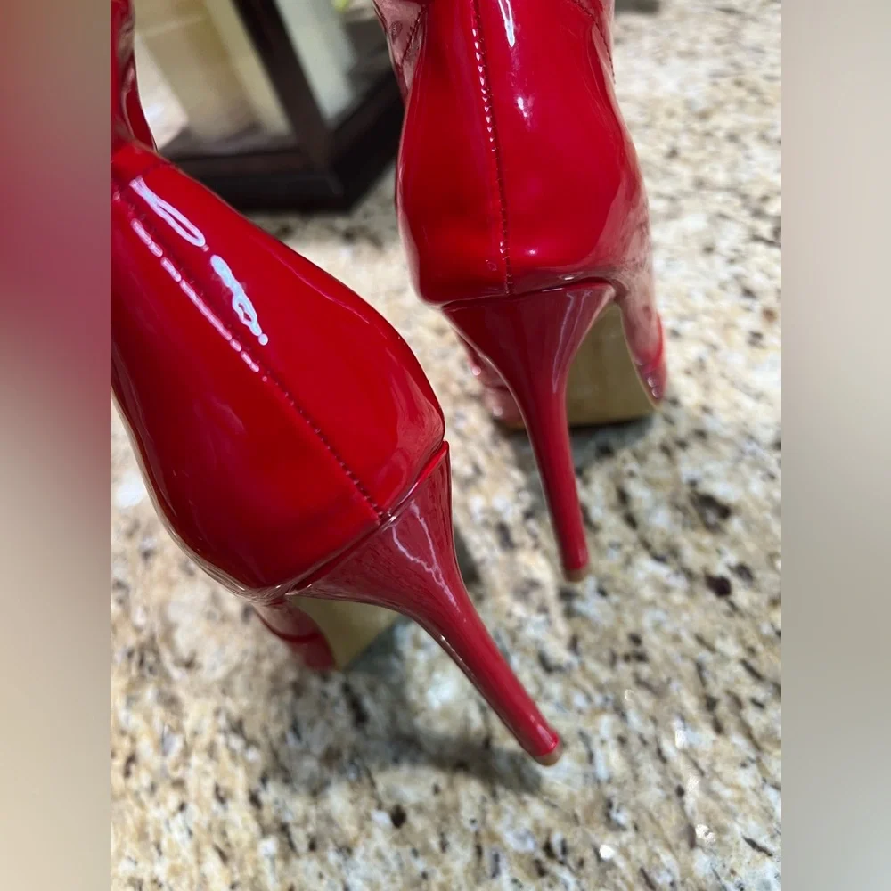 PLT Red Patent Leather Thigh High Slouch Pointed Toe Over The Knee Boots 10 - Picture 10 of 11